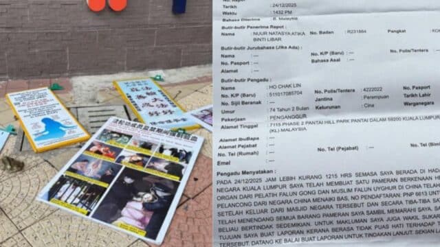Papan informasi Falun Gong tergeletak di tanah di luar Masjid Negara, Kuala Lumpur, setelah ditendang oleh seorang turis asal Tiongkok (Kiri); Laporan polisi terkait insiden tersebut yang diajukan di kantor polisi Dang Wangi (Kanan) (Ho Chak Lin)