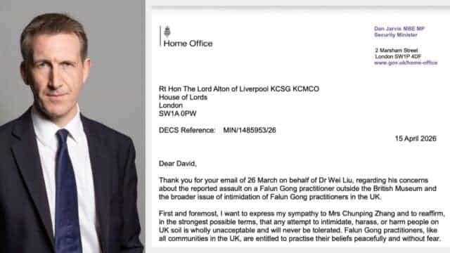 Menteri Keamanan Inggris, Dan Jarvis, dan suratnya kepada Lord Alton dari Liverpool (David Alton) terkait insiden penyerangan tersebut. (Sumber foto: gov.uk; Sumber surat: Asosiasi Falun Dafa Inggris)