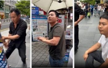 tiga pria Tiongkok menyerang sebuah lokasi informasi Falun Gong